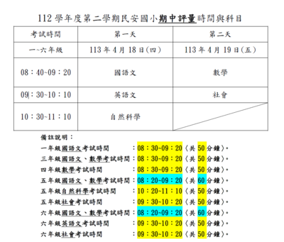 112學年度第二學期民安國小期中評量時間、科目與範圍。4/18、4/19為本校期中評量時間！圖片